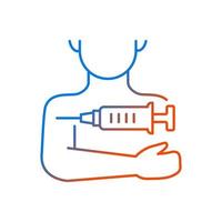 injeção no ícone de vetor linear gradiente de braço. tratamento clínico para influenza. inoculação de drogas. vacina injetada para o paciente. símbolos de cor de linha fina. pictograma de estilo moderno. desenho de contorno isolado de vetor