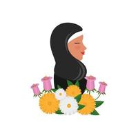 Perfil de mulher islâmica com burca tradicional e flores de jardim vetor