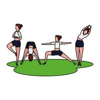 grupo de garotas de beleza praticando pilates na grama vetor