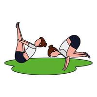belo casal de garotas praticando pilates na grama vetor