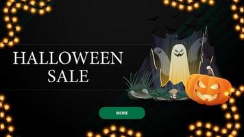 Venda de halloween, banner preto horizontal de desconto com portal com fantasmas e jack de abóbora vetor