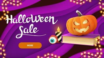 Venda de halloween, banner de desconto roxo horizontal em estilo de corte de papel com livro de feitiços e jack de abóbora vetor