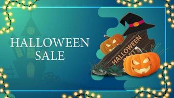 venda de halloween, banner azul de desconto horizontal com lugar para o seu texto, placa de madeira, chapéu de bruxa e jack de abóbora vetor
