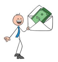 personagem de empresário stickman segurando um envelope e há dinheiro nele. vetor