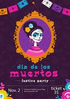 mexicano dia do a morto feriado convite modelo com retrato do morto menina e flores dentro rosa, azul e roxa tons. vetor