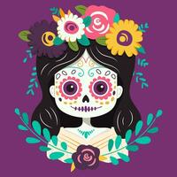 vetor ilustração retrato do morto menina com flores dentro Rosa e roxa tons para mexicano feriado dia do a morto. celebração impressão com crânio e flores dentro cartolina estilo para têxtil ou objeto