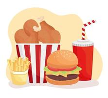 ícones de fast food e refrigerantes deliciosos vetor