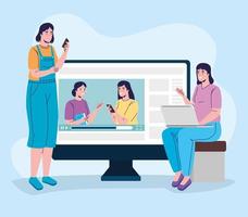 grupo de quatro meninas conectando educação online vetor