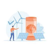 sustentabilidade, personagens usando verde eletricidade, moinhos de vento e solar painéis. reduzir carbono pegada. plano vetor moderno ilustração