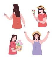 grupo de quatro meninas com personagens de flores da primavera vetor