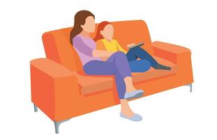 família feliz assistindo televisão juntos na sala de estar. ilustração de família em estilo cartoon vetor