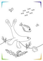 Preto e branco mar leão, pele selo, peixe, concha, algas coloração página. marinho vetor ilustração