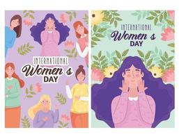 letras felizes do dia das mulheres com grupo de meninas e flores vetor