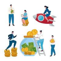 ícones de conjunto de empresários e dinheiro vetor