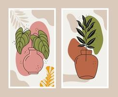 Plantas de duas folhas no estilo boho em vasos de cerâmica cenas vetor