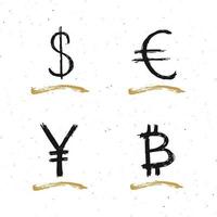 letras de escova de ícone de sinal de dólar, euro, iene e bitcoin, símbolos caligráficos de grunge, ilustração vetorial vetor