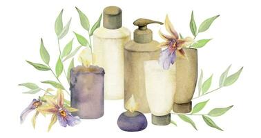 mão desenhado aguarela spa cuidados com a pele banho beleza produtos pacote flores horizontal composição isolado em branco fundo. Projeto para parede arte, bem estar recorrer, imprimir, tecido, cobrir, cartão, livreto. vetor