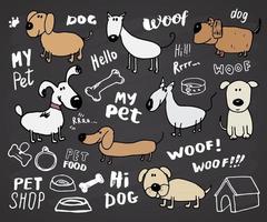 cães engraçados doodle conjunto. ilustração em vetor desenho desenhado à mão coleção de animais de estimação