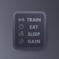 treinar, comer, dormir, vetor cartaz de ginástica com ícones de fitness