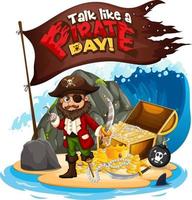 fale como um banner de fonte do dia do pirata com o personagem de desenho animado do pirata vetor
