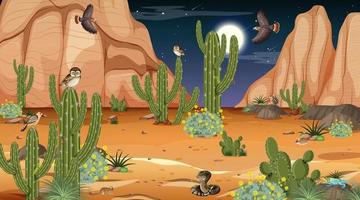 paisagem da floresta do deserto à noite com animais e plantas do deserto vetor