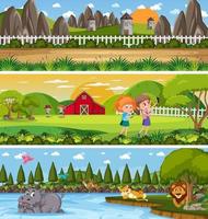 paisagem de natureza diferente em cena diurna com personagem de desenho animado vetor