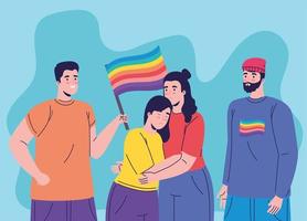 grupo de quatro pessoas com bandeira lgtbi vetor