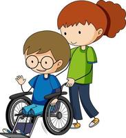 doodle personagem de desenho animado de um menino sentado em uma cadeira de rodas vetor