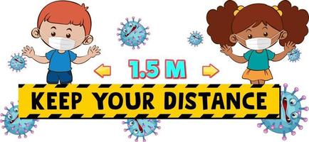 mantenha seu design de fonte à distância com duas crianças mantendo distância social isolada no fundo branco vetor