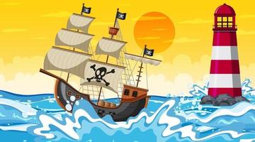 cena do oceano na hora do pôr do sol com um navio pirata em estilo cartoon vetor