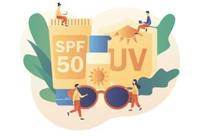 produtos com diferente spf níveis. uv proteção conceito. tubos e garrafas do protetor solar creme, loção, gel. moderno plano desenho animado estilo. vetor ilustração em branco fundo