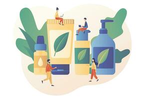 natural orgânico Cosmético produtos dentro garrafas, jarros, tubos para cuidados com a pele e cabelo Cuidado. orgânico cosméticos conceito. moderno plano desenho animado estilo. vetor ilustração em branco fundo