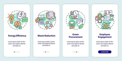 2d multicolorido fino linha ícones representando sustentável escritório Móvel aplicativo tela definir. 4 passos gráfico instruções, interface do usuário, ux, gui modelo. vetor