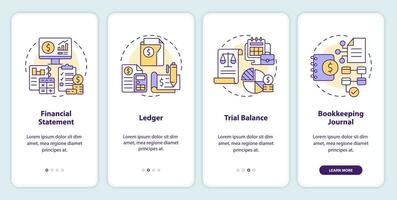 escrituração contábil elementos onboarding Móvel aplicativo tela. passo a passo 4 passos editável gráfico instruções com linear conceitos. interface do usuário, ux, gui modelo vetor