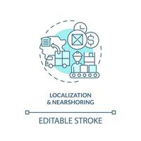 localização e nearshoring turquesa conceito ícone. chave fornecem cadeia estratégia abstrato idéia fino linha ilustração. isolado esboço desenho. editável acidente vascular encefálico vetor