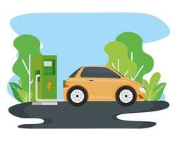 alternativa ecológica de carro elétrico em estação de carregamento na estrada vetor