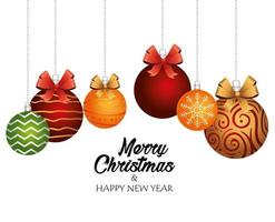 cartão de letras de feliz natal feliz com bolas e arcos pendurados vetor