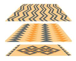 conjunto do à moda tapetes dentro perspectiva. lã têxtil tapetes definir. moderno chão decoração com padrões, enfeites para acolhedor casa interior. vetor