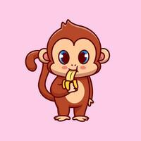 fofa macaco comendo banana desenho animado vetor ícone ilustração. animal Comida ícone conceito isolado Prêmio vetor. plano desenho animado estilo