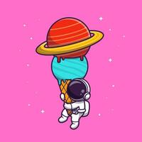 fofa astronauta segurando gelo creme planeta desenho animado vetor ícone ilustração. Ciência Comida ícone conceito isolado Prêmio vetor. plano desenho animado estilo