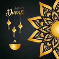 feliz diwali com velas diya cabides da fortuna e desenho vetorial de mandala de ouro vetor