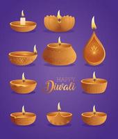 feliz diwali diya velas conjunto desenho vetorial vetor