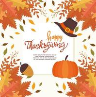 cartão de letras de celebração feliz dia de graças com quadro de folhas e ícones vetor