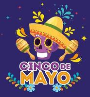 pôster cinco de mayo com decoração de caveira e ícones vetor