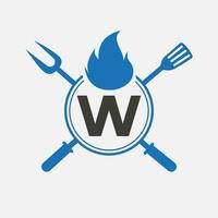carta W restaurante logotipo com grade garfo e espátula ícone. quente grade símbolo vetor