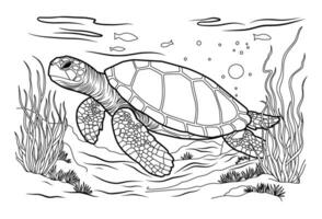 grande oceano tartaruga, fofa listrado peixes dentro a embaixo da agua mundo com algas, areia, bolhas em branco isolado fundo. Boa para crianças e adultos coloração livro Páginas. vetor