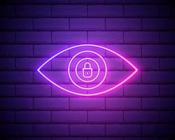 olho neon icon.eye com ícone de cadeado. segurança e segurança concept.privacy. elementos de mídia, conjunto de imprensa. ícone simples para sites, web design, aplicativo móvel, gráficos de informação isolados na parede de tijolos. vetor