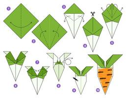 cenoura origami esquema tutorial comovente modelo. origami para crianças. degrau de degrau quão para faço uma fofa origami vegetal. vetor ilustração.