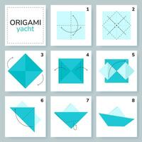 iate origami esquema tutorial comovente modelo. origami para crianças. degrau de degrau quão para faço uma fofa origami iate. vetor ilustração.