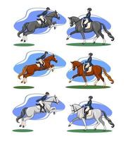 mulher andando a cavalo cavalgando cavalo de adestramento em estilo cartoon vetor